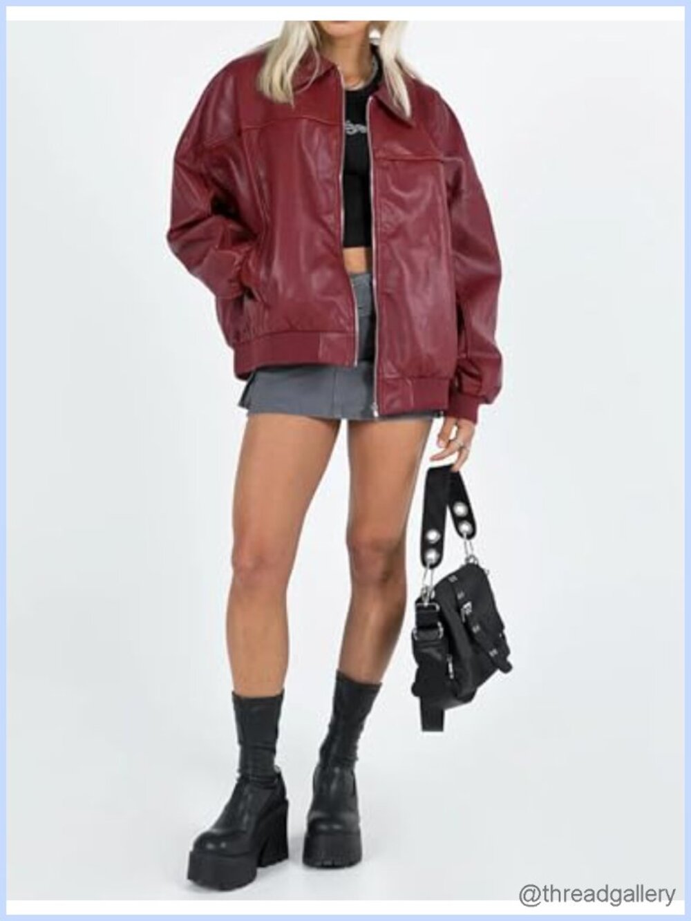 Women's Oversized Faux Leather Bomber Jacket Motorcycle Zip Up Coat - Picture 2 of 6
